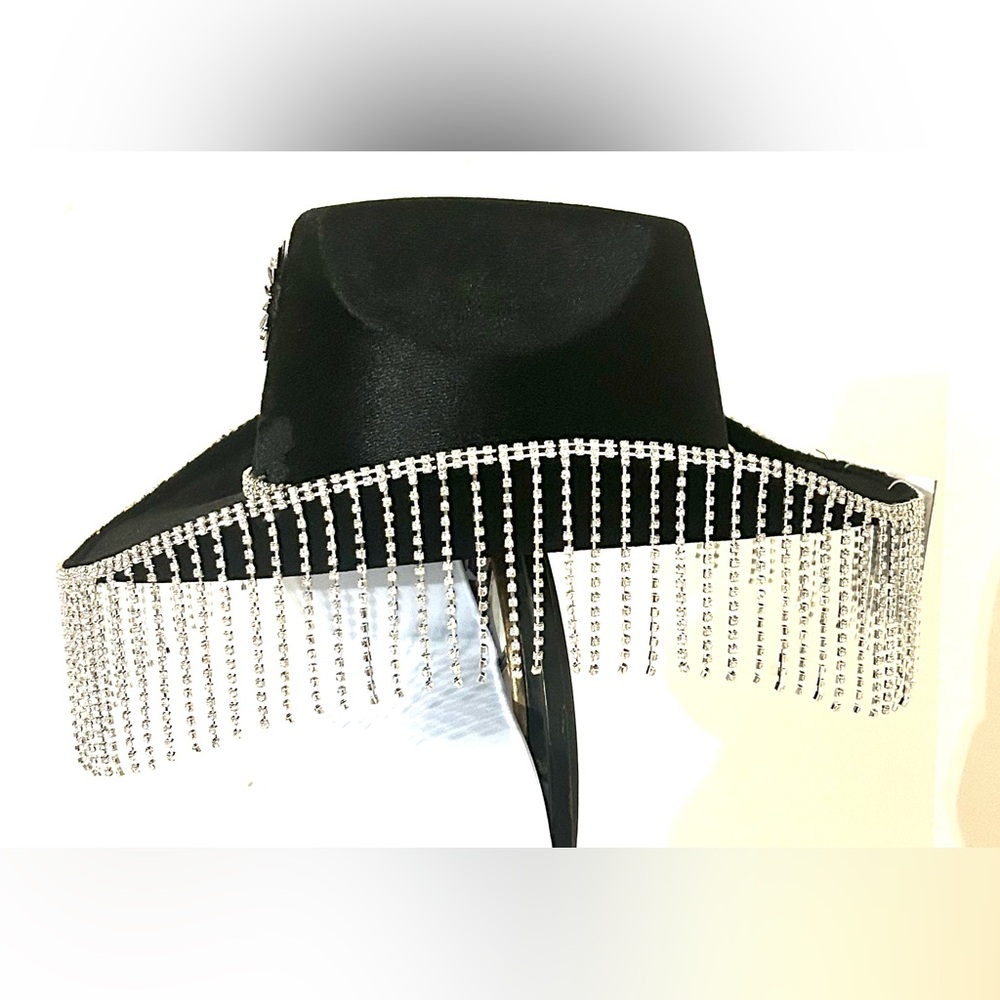 Glamorous Black Shiny Felt Silver Rhinestone Cowboy Girl Fringe Hat - Picture 3 of 7